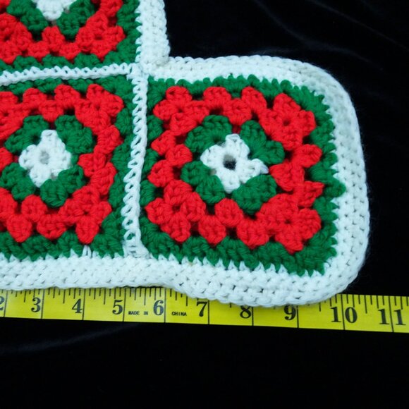 Vintage 15" Handmade Crocheted Granny Square Christmas Stocking Red Green - Picture 4 of 5